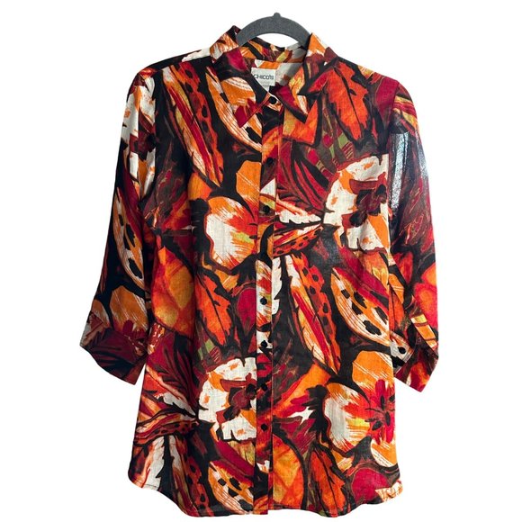 Chico’s size 0(S) orange tropical print 100% linen button front 3/4 sleeve top - Picture 1 of 6